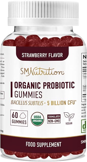 Organic Probiotic Gummies for Adults (60 Count) 5 Billion CFU Bacillus Subtilis Probiotics Gummies for Immune Support* & Digestion*; Strawberry Probiotics Chewable Gummies - Gluten-Free, Vegetarian