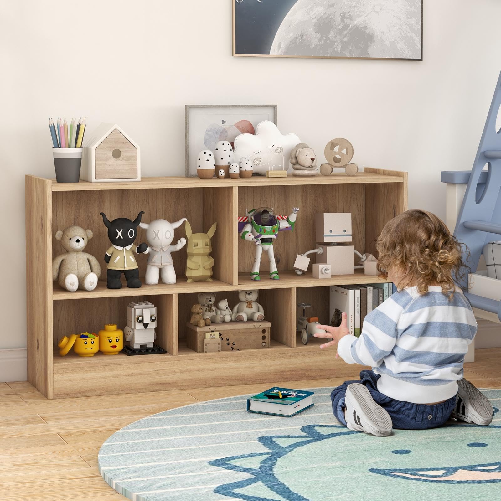 KOMFOTTEU Estantería Infantil con 5 Compartimientos Abiertos, Librería para Juguetes y Libros de Niños, Armario Bajo con Patas Antideslizantes, Estante para Exposición (111 x 30 x 61,5 cm, Natural)