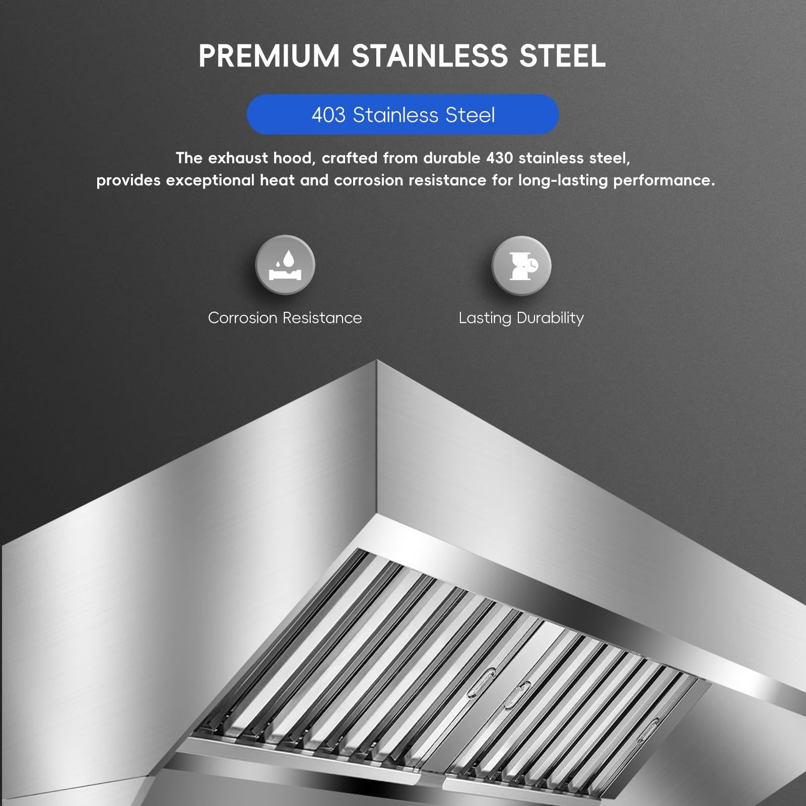 Garvee 8FT Commercial Exhaust Hood, 201 Stainless Steel Rust Resistant Vent Hood with 4 Detachable U-Shaped Oil Filter Mesh, Commercial Grade for Kitchen/Restaurant/Food Truck/Concession Stand - 3