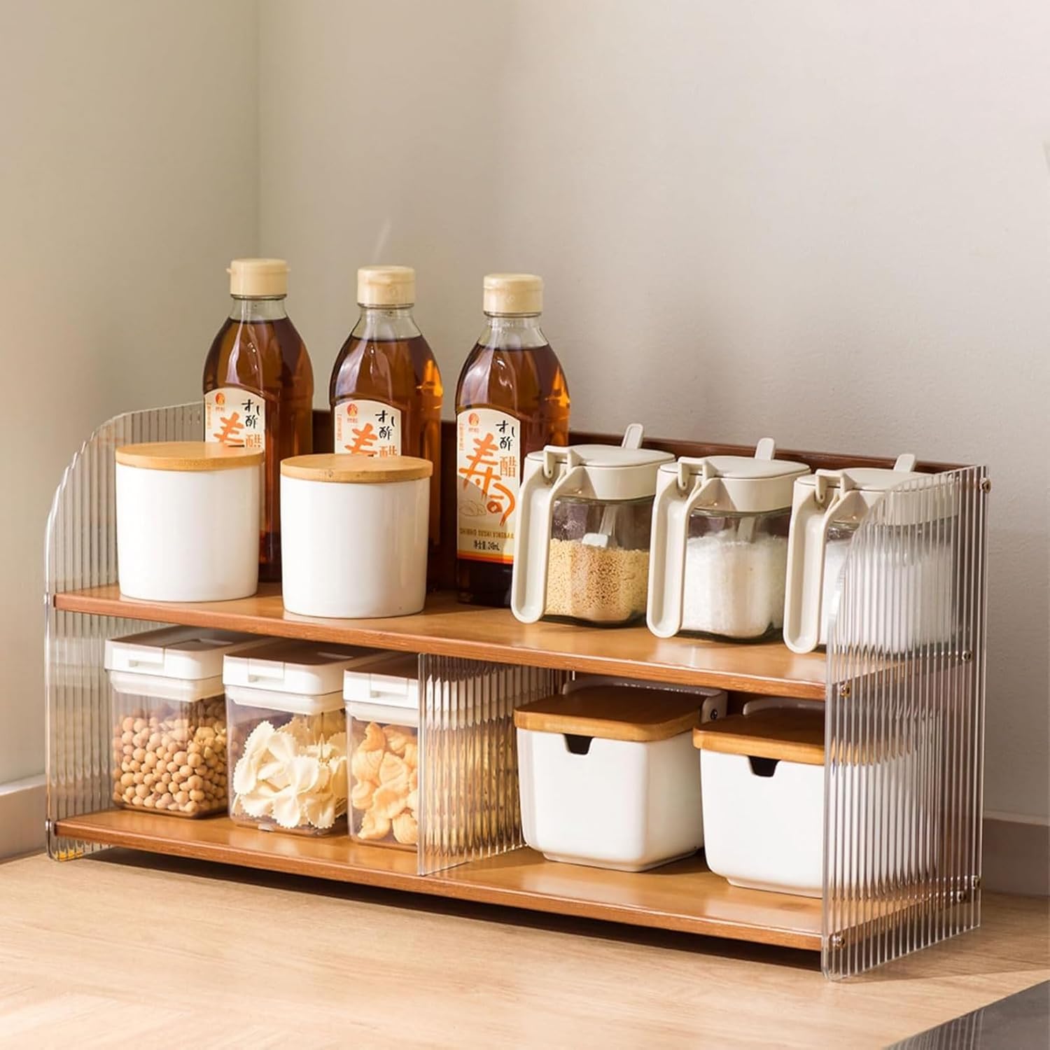 キッチンカウンタートップ調味料スパイス収納ラック、キッチン用品オーガナイザー木製棚、パーティション付き、カウンタースタンディングミニ