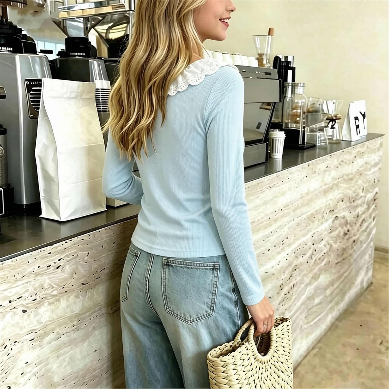 Girls Shirt Lace Collar Long Sleeve Casual Wear | Stretch Rib Knit With Ruffle Lace Neckline For School Parties And Everyday Dressy Outfits