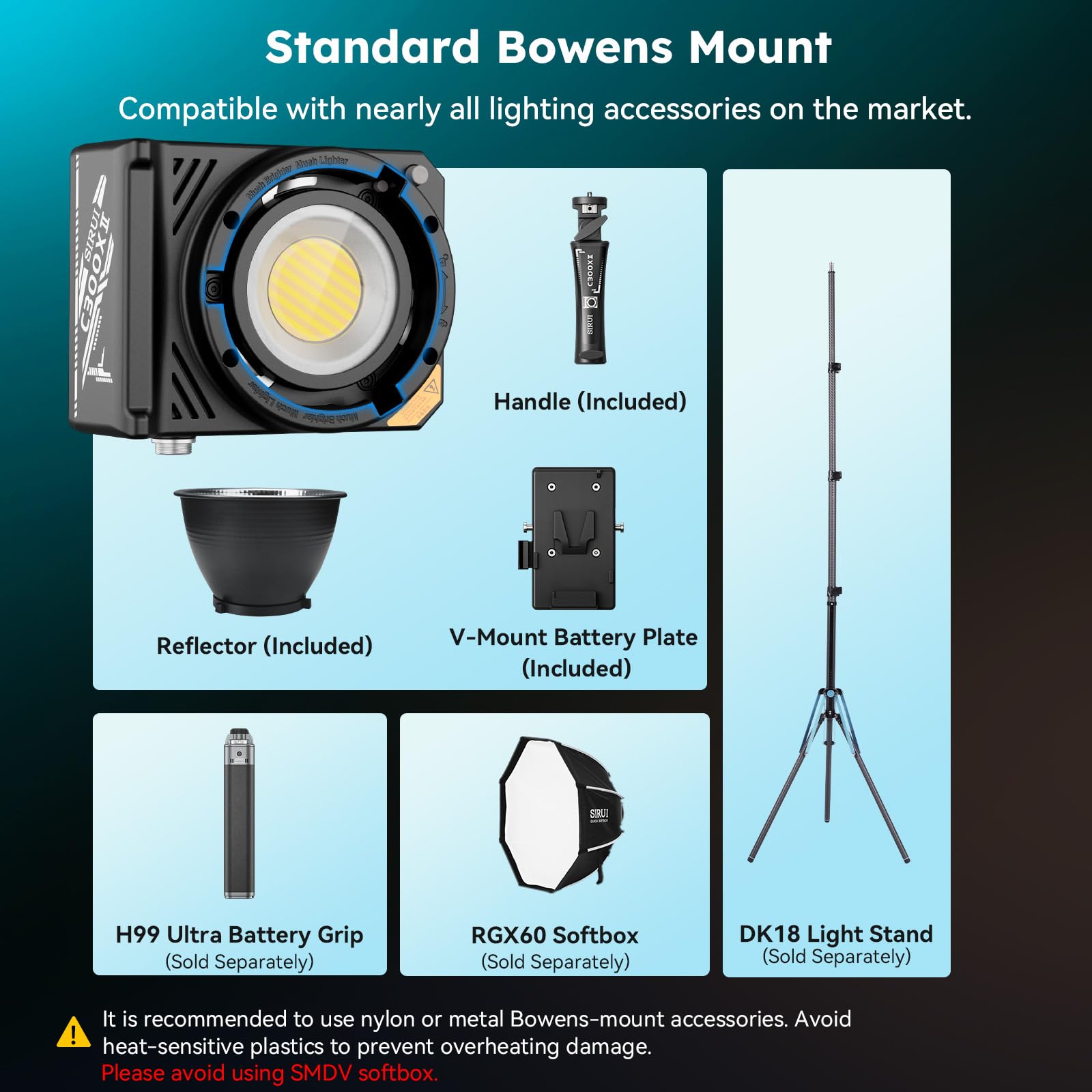 SIRUI C300X II 300 W LED światło video przenośne oświetlenie, 966 g, bardzo lekkie, żywotność 20 000 h, wysokiej jakości lampa wideo z CRI/TLCI > 95, 3 opcje zasilania, sterowanie za pomocą aplikacji
