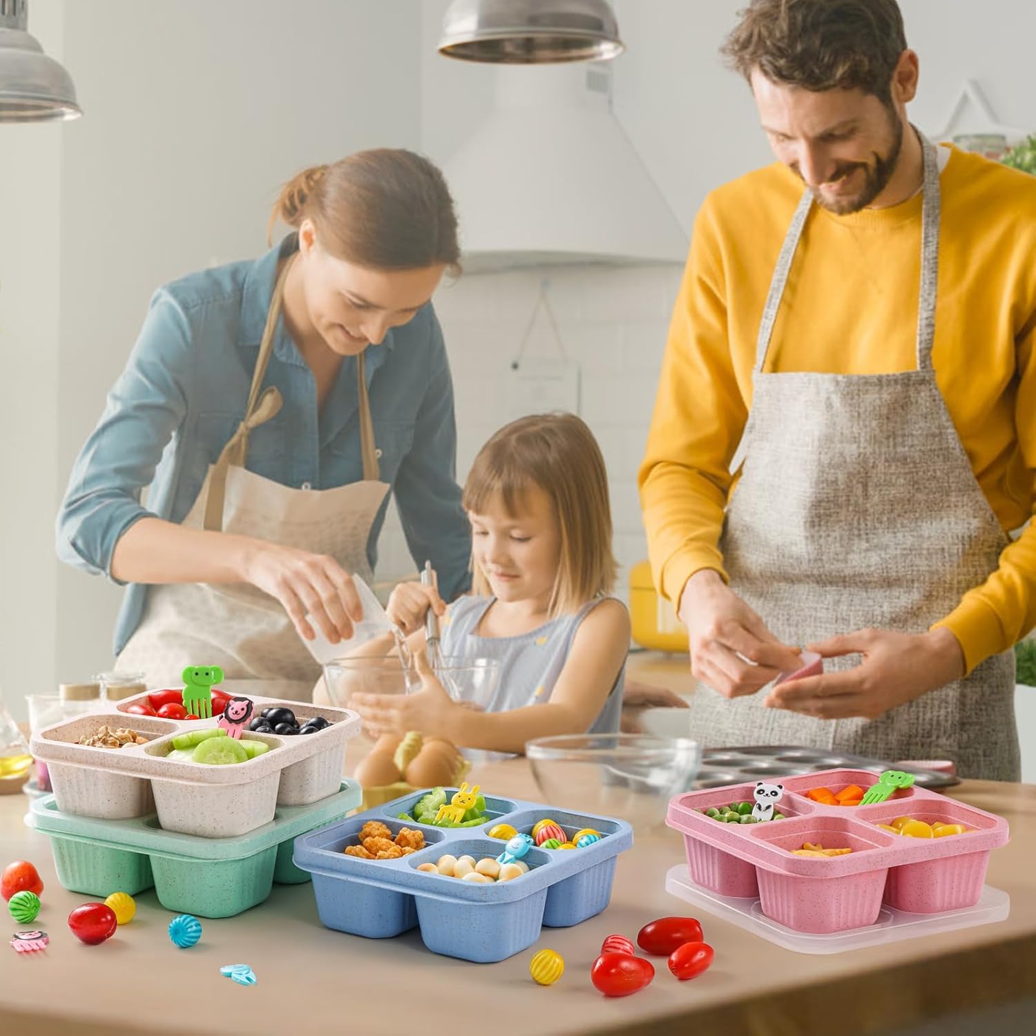 mzvcopm 4 Pack Snack Containers, Divided Bento Lunch Box with Transparent Lids, Reusable Meal Prep Lunch Containers for Kids and Adults, No BPA, 4 Compartment Food Storage Containers