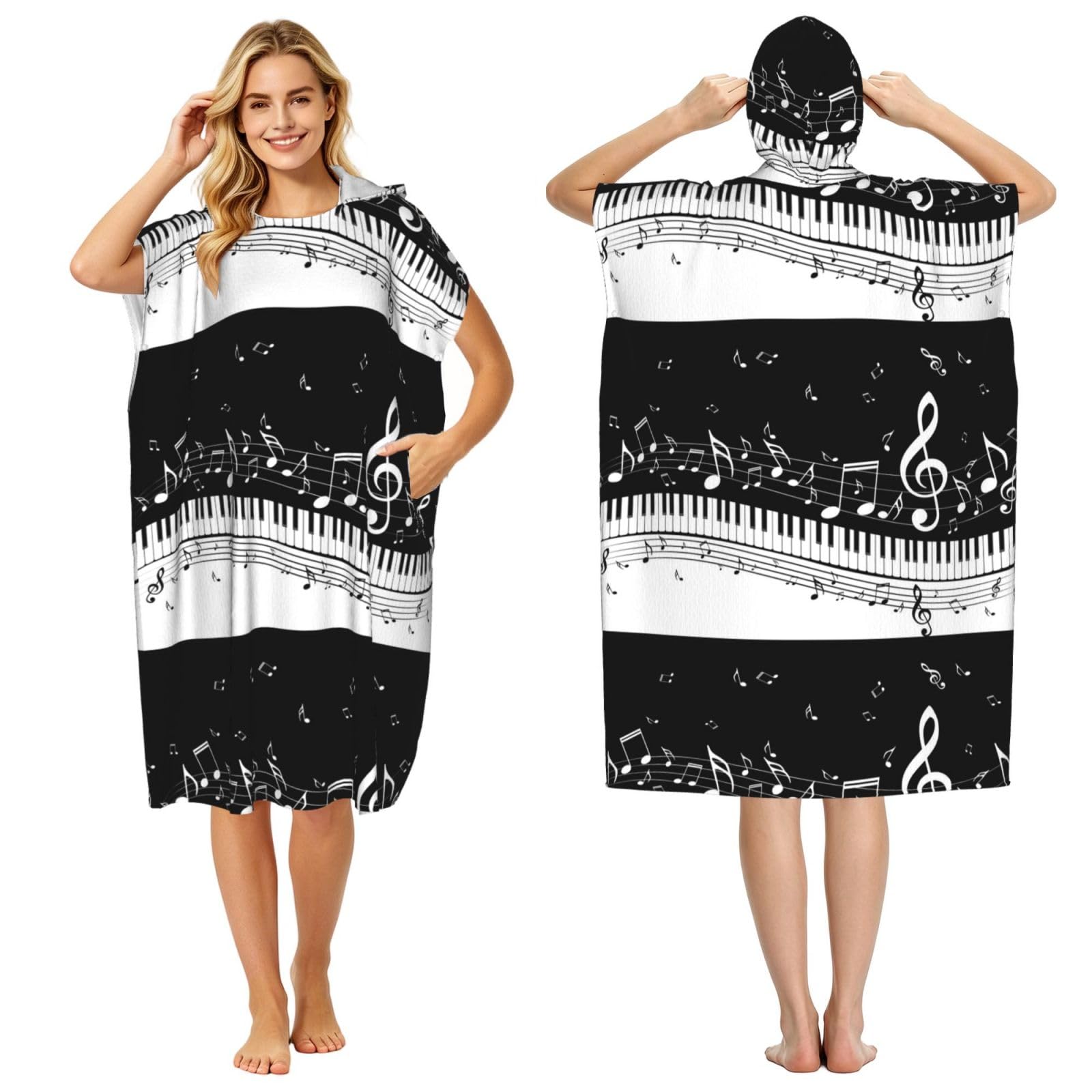 Poadnly Piano Keys With Musical Notes, Adult Hooded Beach Towel 90 x 110 cm,Changing Bath Robe, Surf Poncho Towel For Women Men