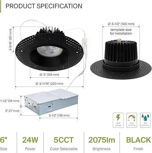 Miniatura 10 de ASD Trimless - Lámpara LED empotrable de 3 pulgadas, lámpara de techo de 12 W y 120 V, luz LED redonda regulable sin lata con caja de conexiones,