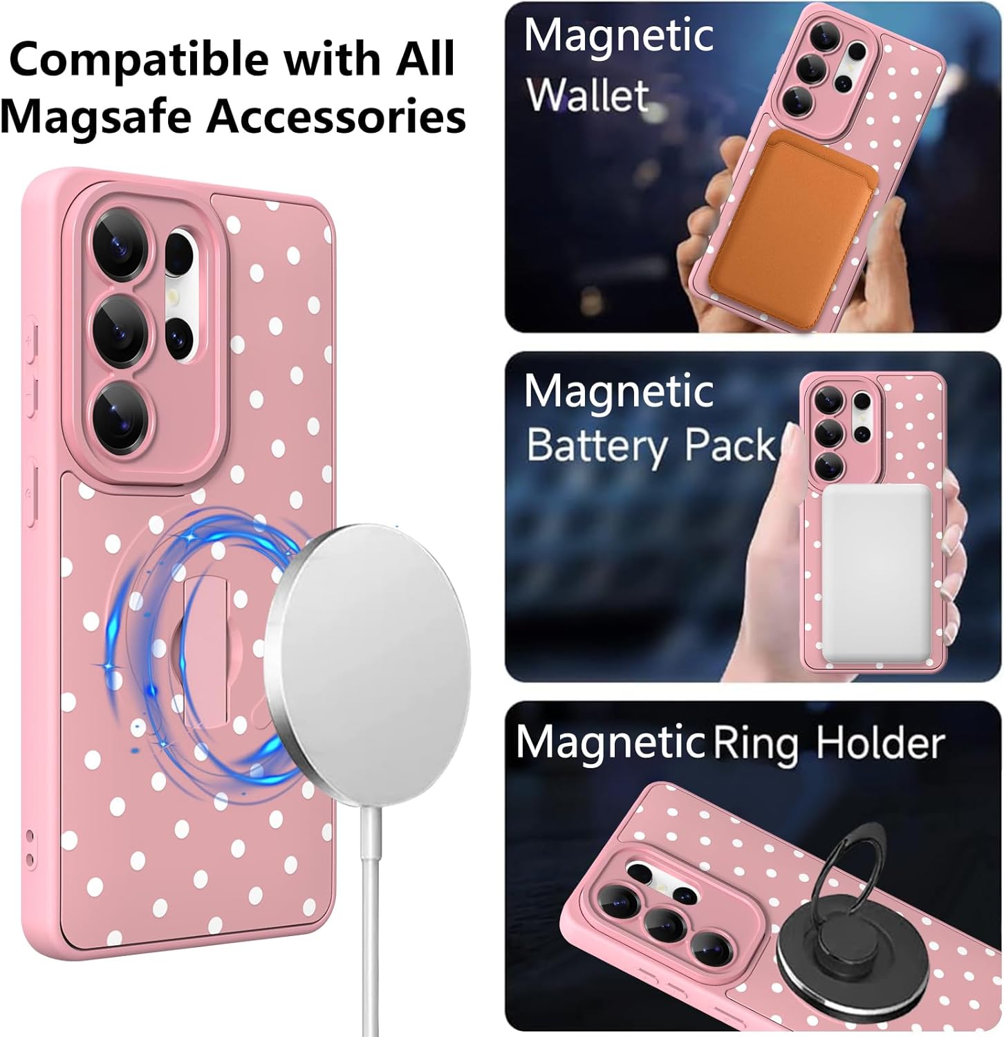 KANGHAR Galaxy S26 Ultra Case Dot Pattern Compatible with Magsafe Cute Cheetah Wristband Stand Phone Magnetic Cover for Women Girls Men Compatible with Samsung S26 Ultra Pink