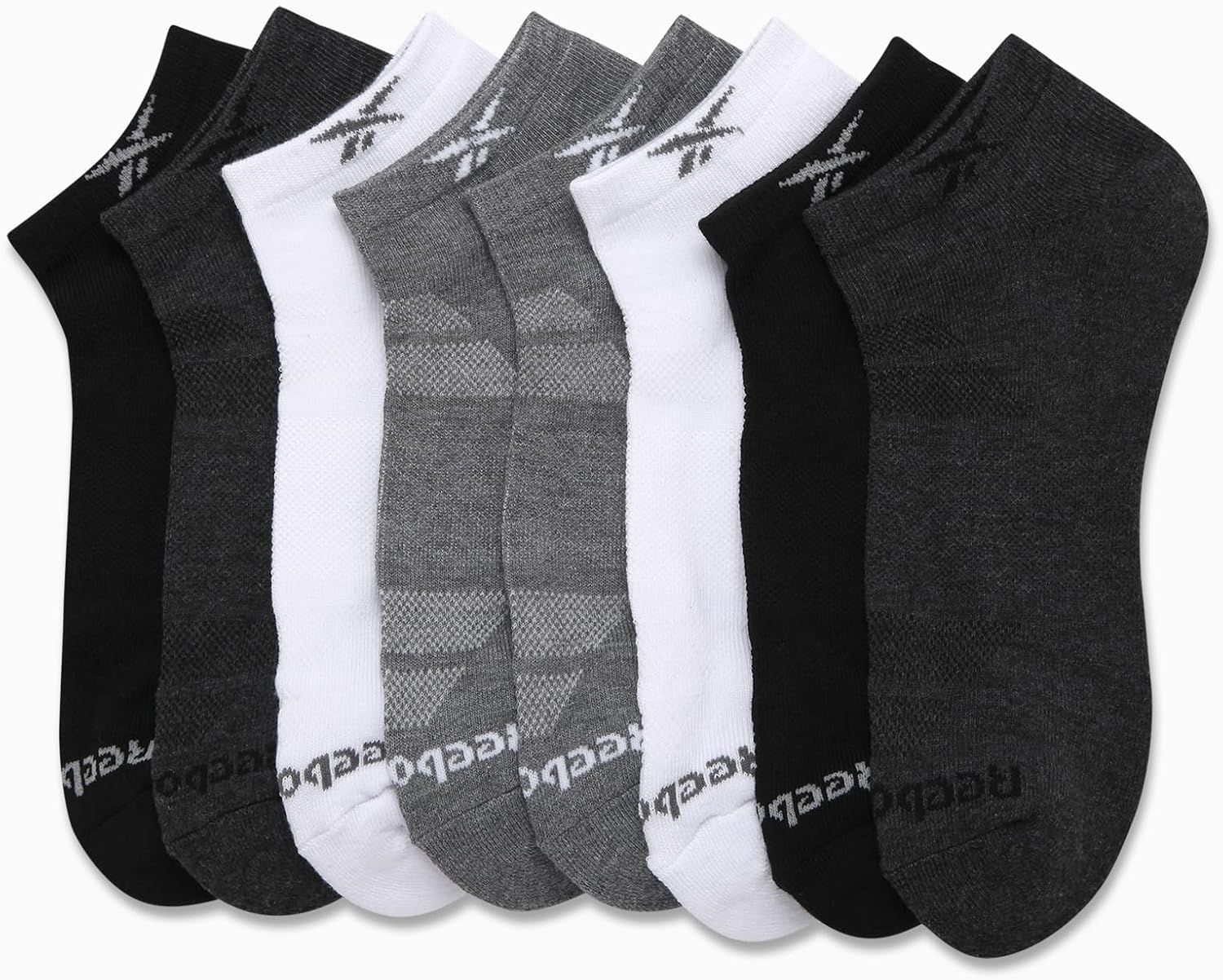 Reebok Mens Low Cut Socks Moisture Wicking Cushioned Athletic Socks, 8 Pack | Stretch Performance, Reinforced Heel & Toe, Arch Support, Low Cut No Show, Shoe Size 6-12.5