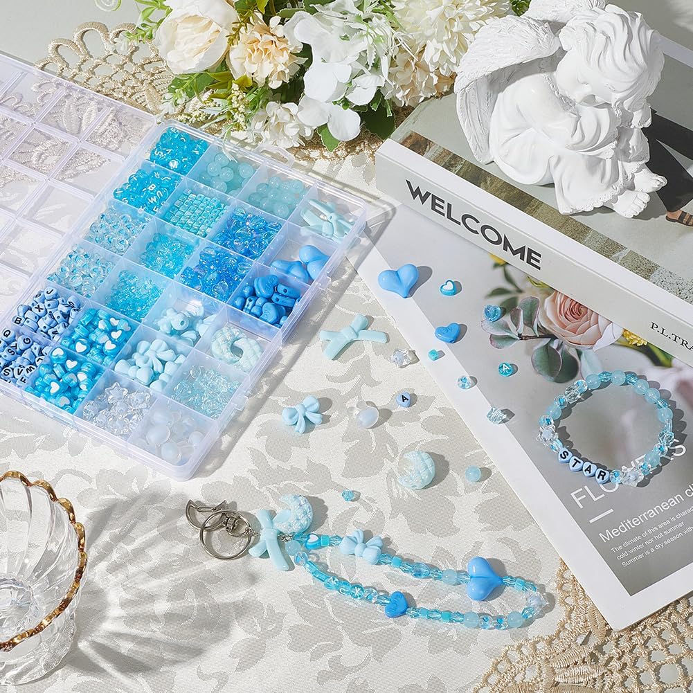 1 Box 822Pcs Blue Acrylic Beads Assorted Aesthetic Beads Set Cute Bowknot Rabbit Letters Stars Moon Kawaii Flat Round Letters Spacers for Bracelet Necklace Jewelry Making DIY Crafts Bag