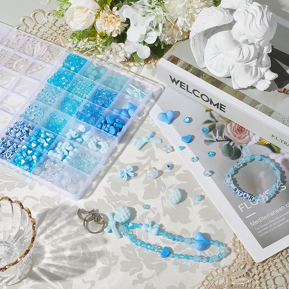 SOFPLATE 1 Box 822Pcs Blue Acrylic Beads Assorted Aesthetic Beads Set Cute Bowknot Rabbit letters Stars Moon Kawaii Flat Round Letters Spacers for Bracelet Necklace Jewellery Making DIY Crafts Bag - Image 3