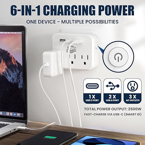 Miniatura 2 de Extensor de salida compatible con crucero con 3 salidas de CA, puertos USB duales, puerto USB-C, 2500W. Sin protector de sobretensiones. Esencial