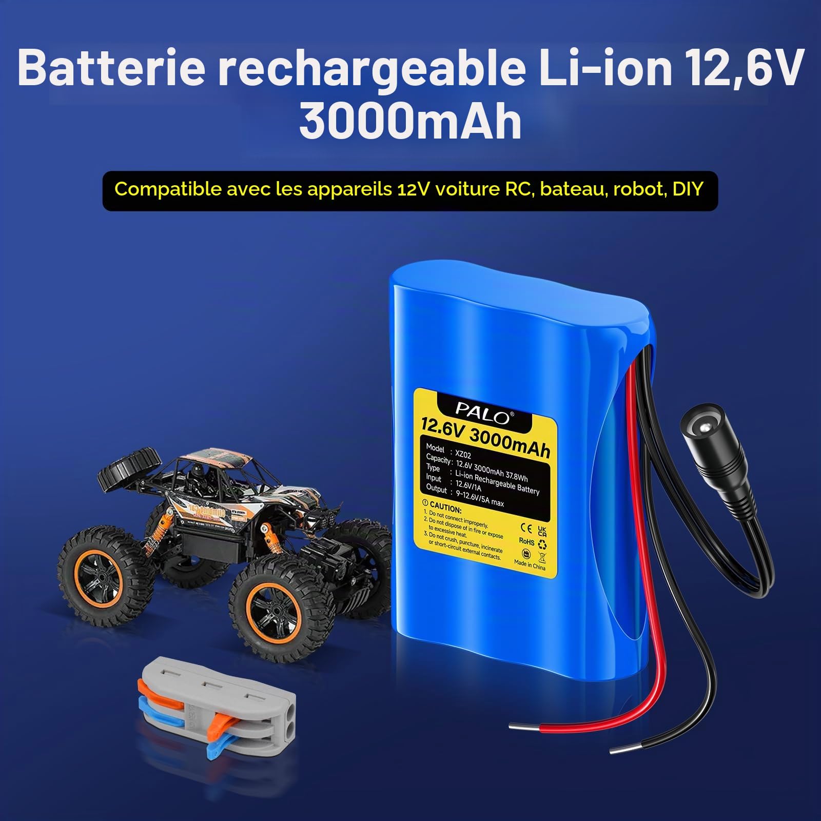 Batterie Lithium-ION 12,6 V 3000 mAh avec Chargeur et 2 Lignes de Connexion pour Panneau Solaire, Radio, appareils Photo, caméscopes, Orgue électronique, Lampe de Lecture DIY, Sonar