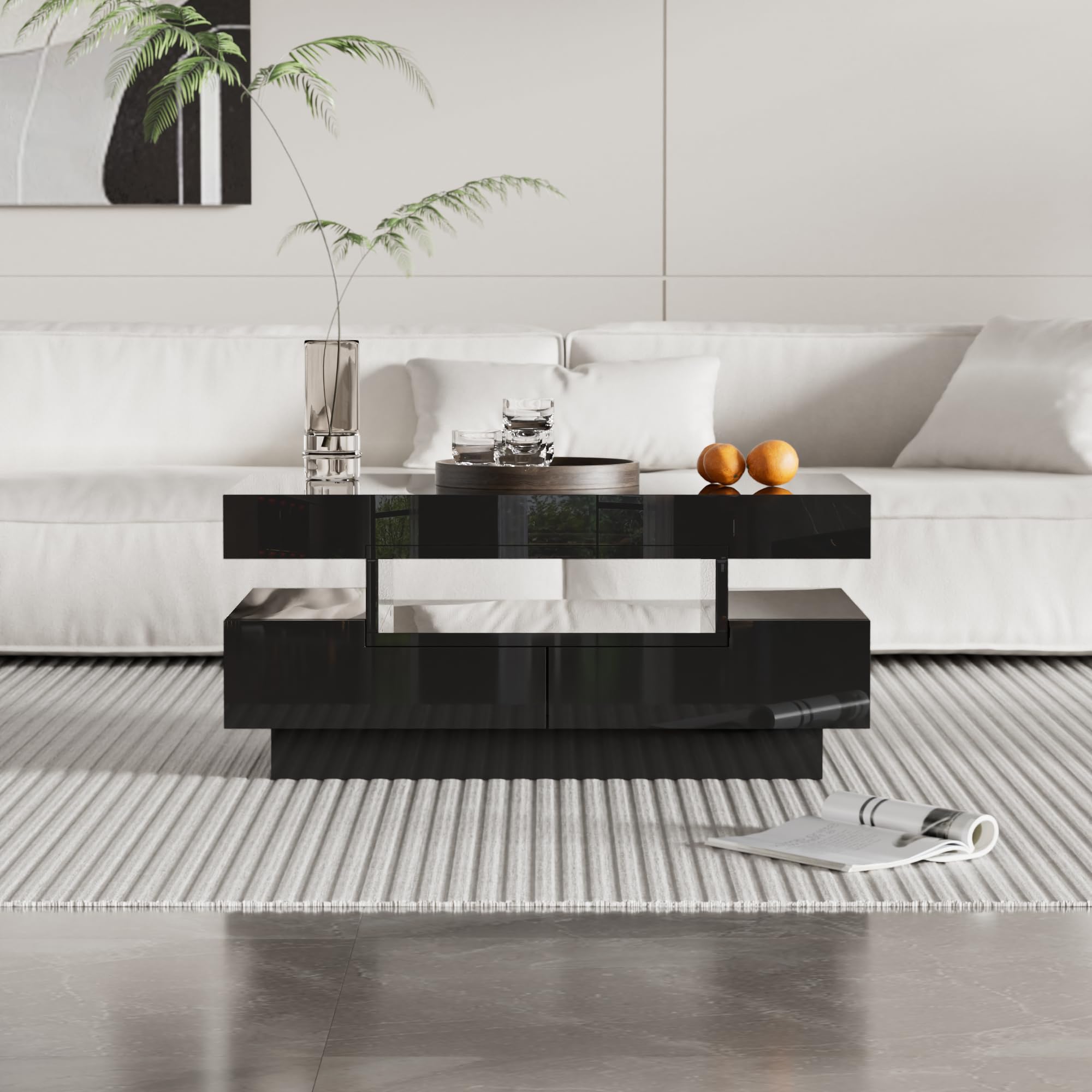 Tavolino Da Salotto Moderno Con LED Integrato E 4 Cassetti | Bianco Lucido | 80x50x36 Cm | Superficie Lucida - 4