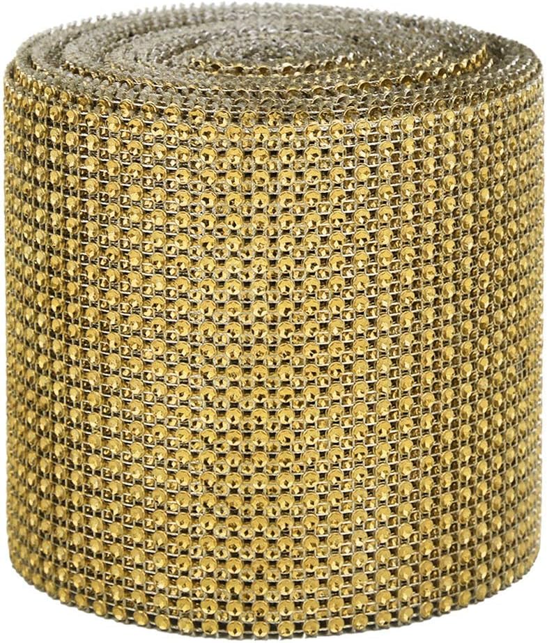 Fdit 9m 24 Rows Plastic Artificial Sparkling Glitter Rhinestone Diamond Mesh Ribbon for DIY Craft Sewing Party Decoration(Gold)