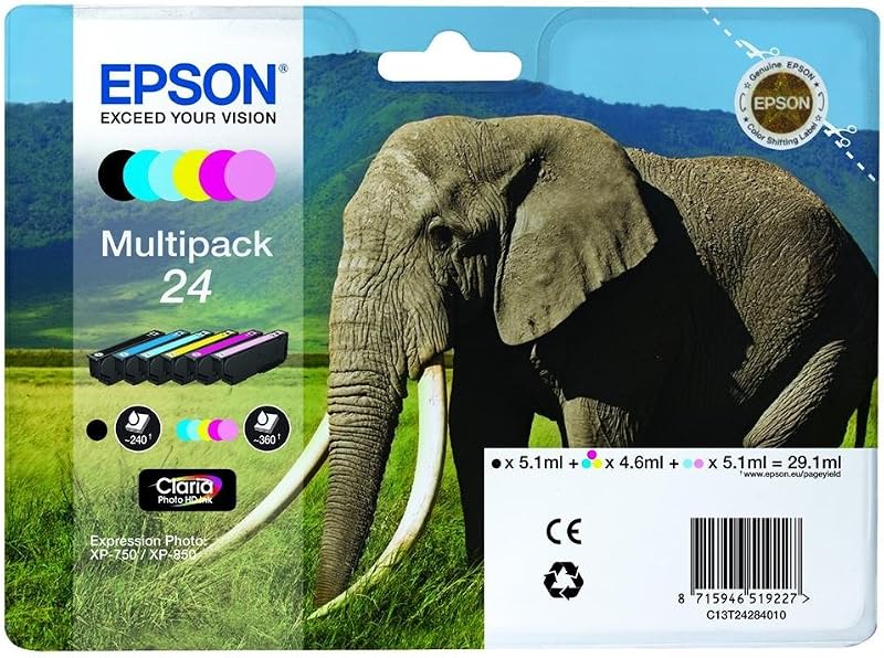 Epson Original T2428 Elefant, Claria Photo HD Tinte (hochauflösende Fotodrucke, Multipack 6-farbig) (CYMK + Light cyan, Light magenta), Schwarz, Cyan, Light Cyan, Magenta, Light Magenta, Gelb