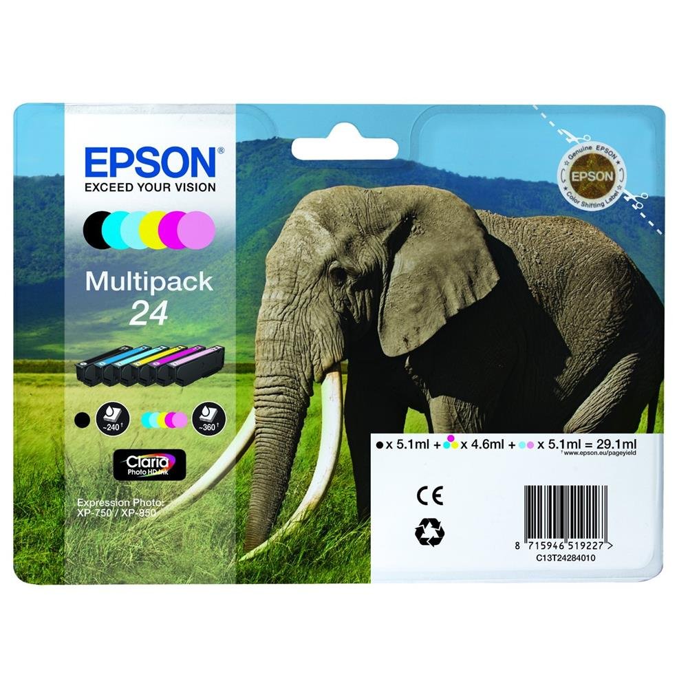 Epson Original T2428 Elefant, Claria Photo HD Tinte (hochauflösende Fotodrucke, Multipack 6-farbig) (CYMK + Light cyan, Light magenta), Schwarz, Cyan, Light Cyan, Magenta, Light Magenta, Gelb