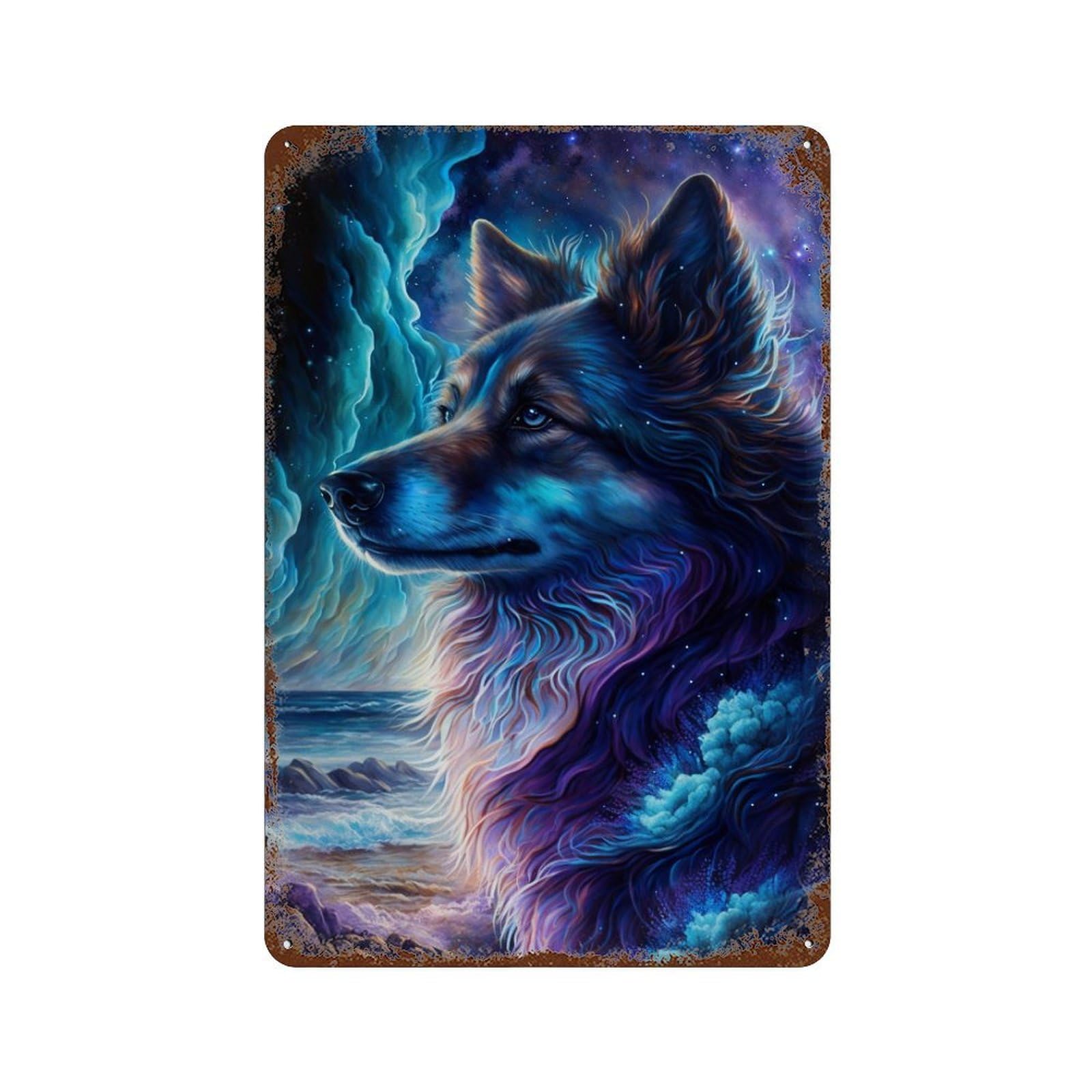 Galactic Wolf Portrait -35 Distressed Metal Wall Sign 11.8"x7.9", Ideal for Pub, Kitchen And Man Cave Decor