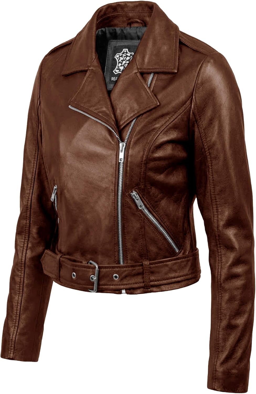 Women's Cropped Leather Jacket - Asymmetric Zip Up Biker Style Short Moto Jackets with Belt