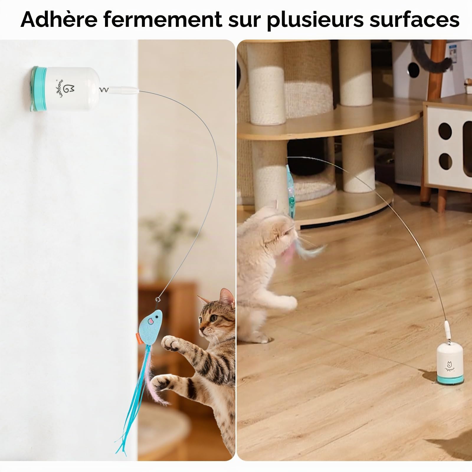 Jouet interactif automatique Migipaws pour chat avec ventouse puissante, fil flexible de 70 cm et conception pliable DIY, jouet rechargeable pour chat avec minuterie automatique pour chats d'intérieur