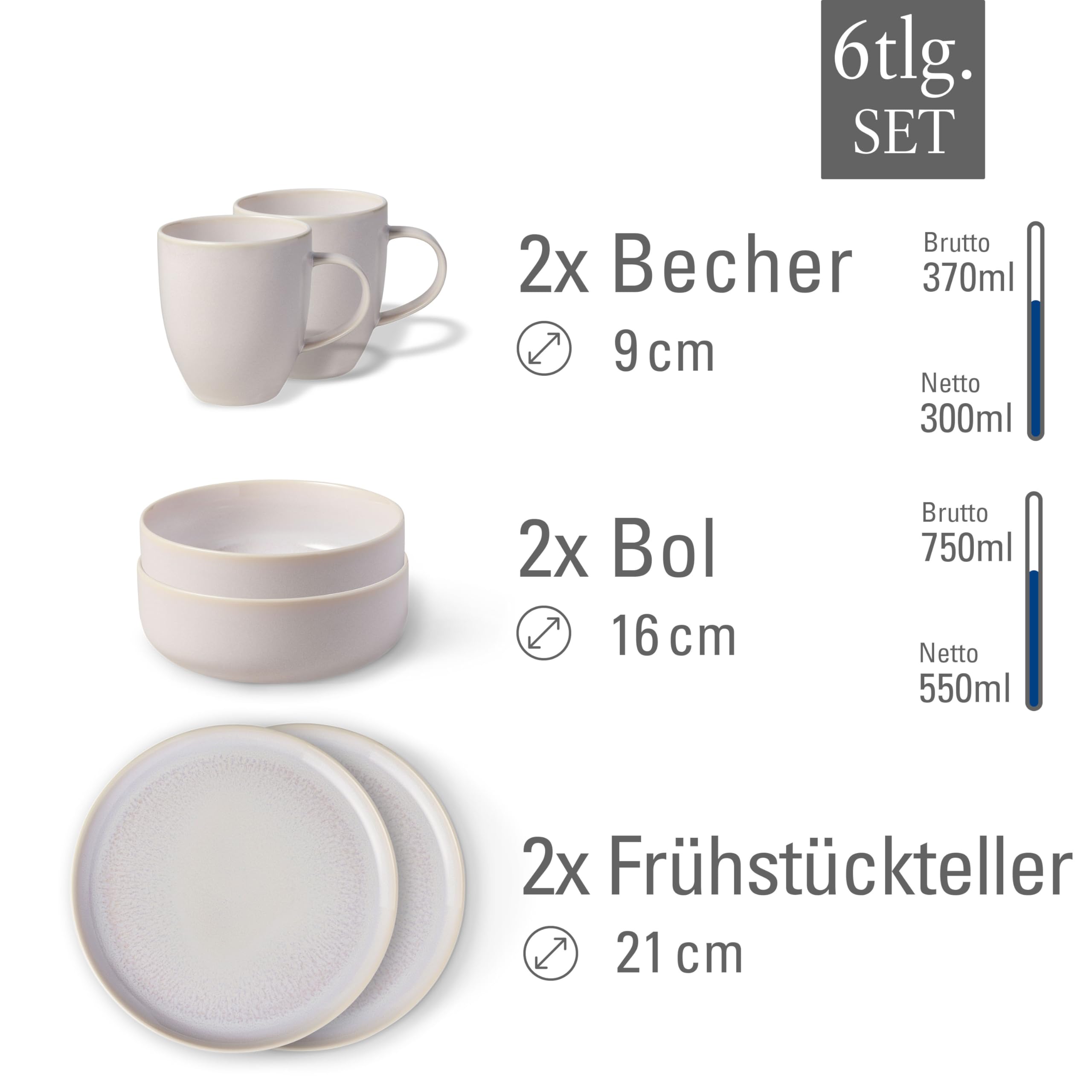 like. by Villeroy & Boch - Crafted Cotton, 6-częściowy zestaw śniadaniowy, można myć w zmywarce, można używać w kuchence mikrofalowej, talerz obiadowy, naczynia ceramiczne, zastawa stołowa