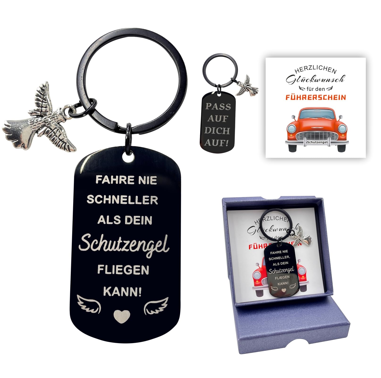 YDUNARISE Führerschein Bestanden Geschenk,Auto Schlüsselanhänger Schutzengel,“Fahre nie schneller, als dein Schutzengel fliegen kann! mit schöner Karte und Geschenkbox (A, Schwarz)
