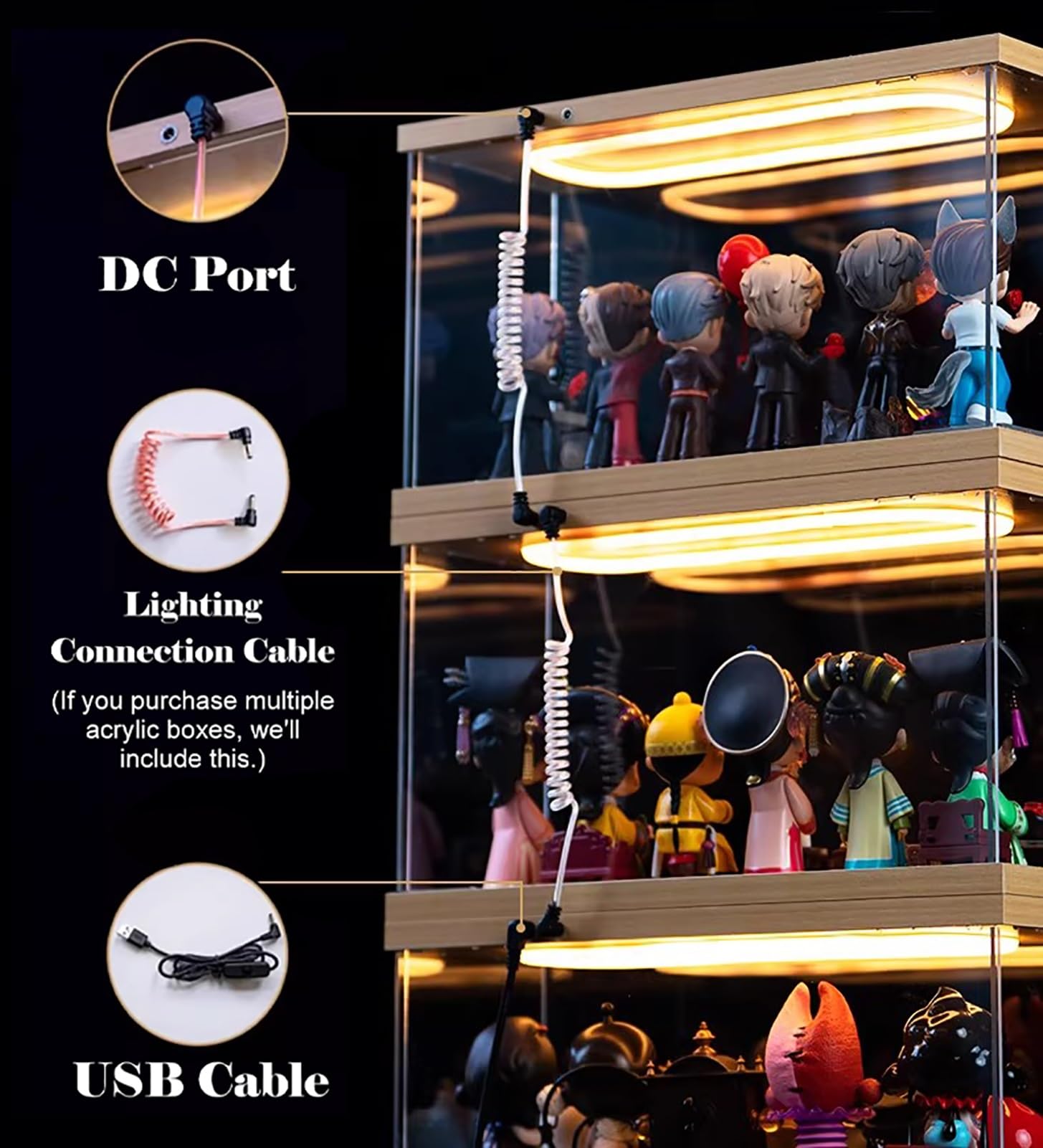Acryl Vitrine Beleuchtete Acrylvitrine für Minifiguren mit Fronttür und Ablagefach, Staubdichte, Stapelbare, Transparente Organizer-Vitrine(417x120x174mm)