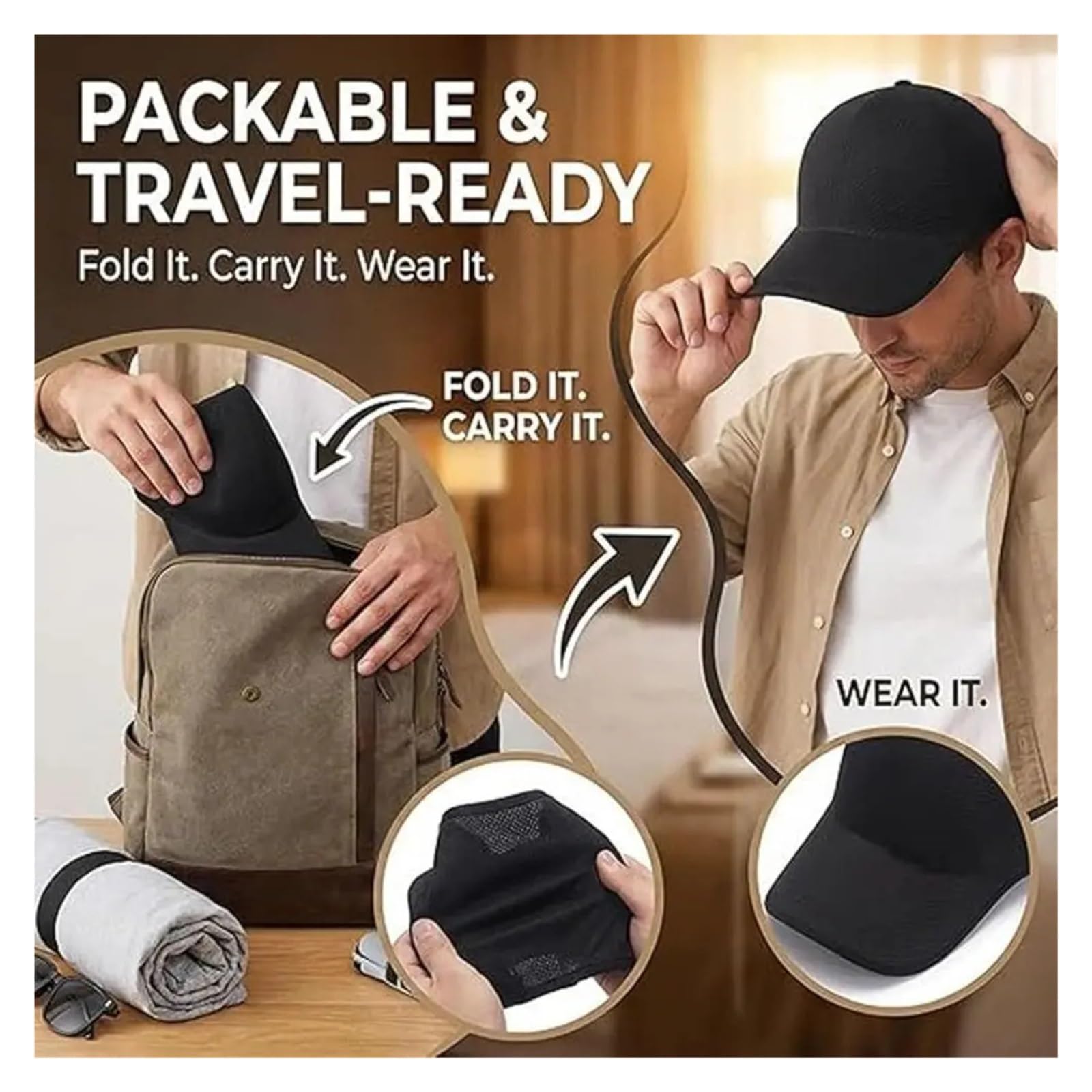 Berretto da baseball senza cuciture Cappello sportivo ripiegabile ad asciugatura rapida con visiera leggero in poliestere per Tempo Libero, Golf, Viaggi