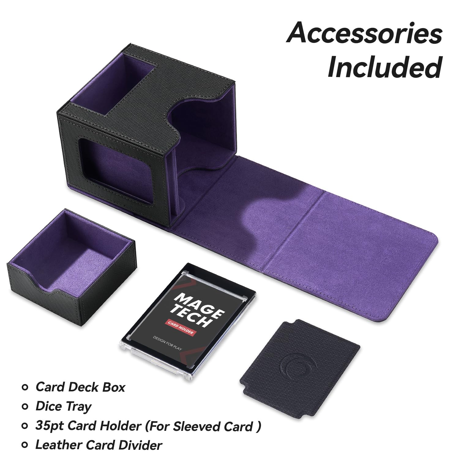 Mage Tech Commander Deck Box per MTG - Design Brevettato, Vetrina Commander, Adatta a 100 Carte Double-Sleeve, Porta Carte Magnetico da 35pt & Vassoio per Dadi - Nero/Viola