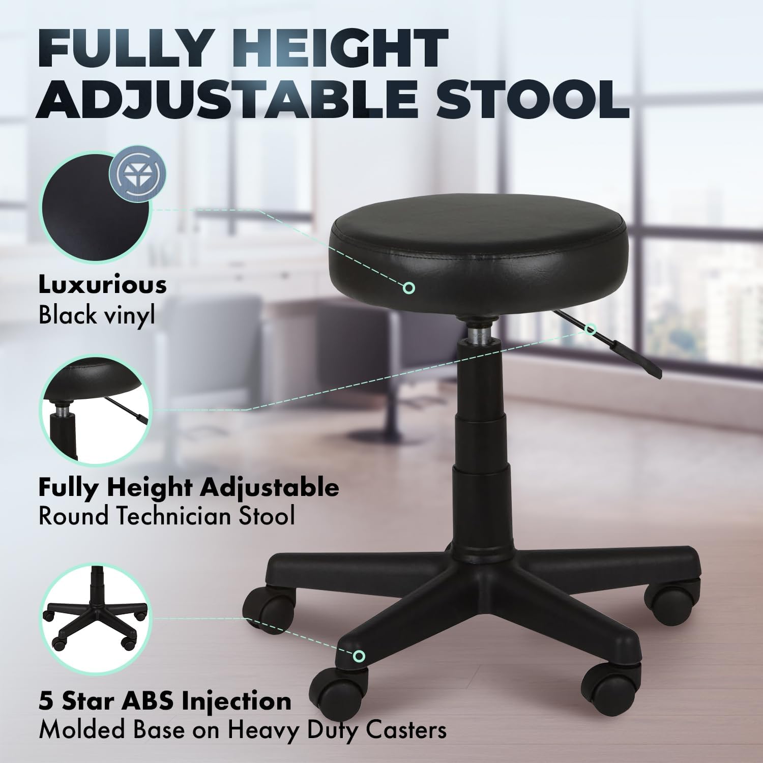 Buy-Rite Fully Adjustable Round Technician Stool with 13.5” High-Density Foam Seat, Heavy-Duty 5-Star Base, Smooth Casters, Black, 18.5"–27.5" Height, SY-7080B