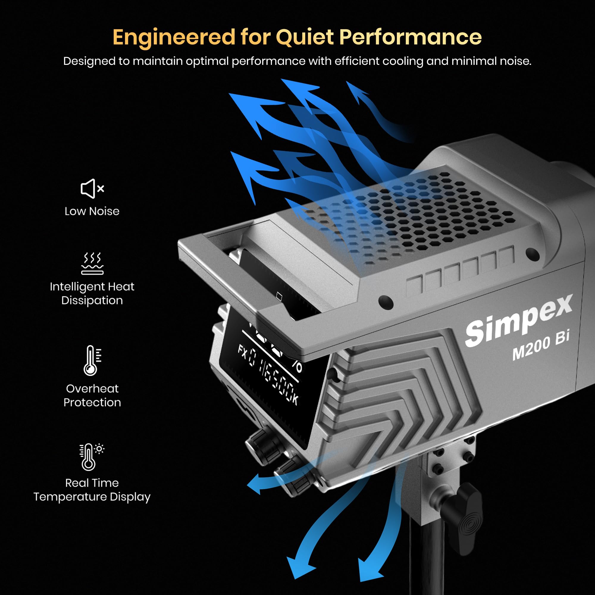 Simpex M-200Bi, 200W Dual Color Continuous LED Light with 18CM Reflector & Infrared Remote, AC Power, 2700K-6500K Color Temperature Control, Huge Display,CRI-95 Plus, Ideal for Video Shooting(Black) — Amazon image 6