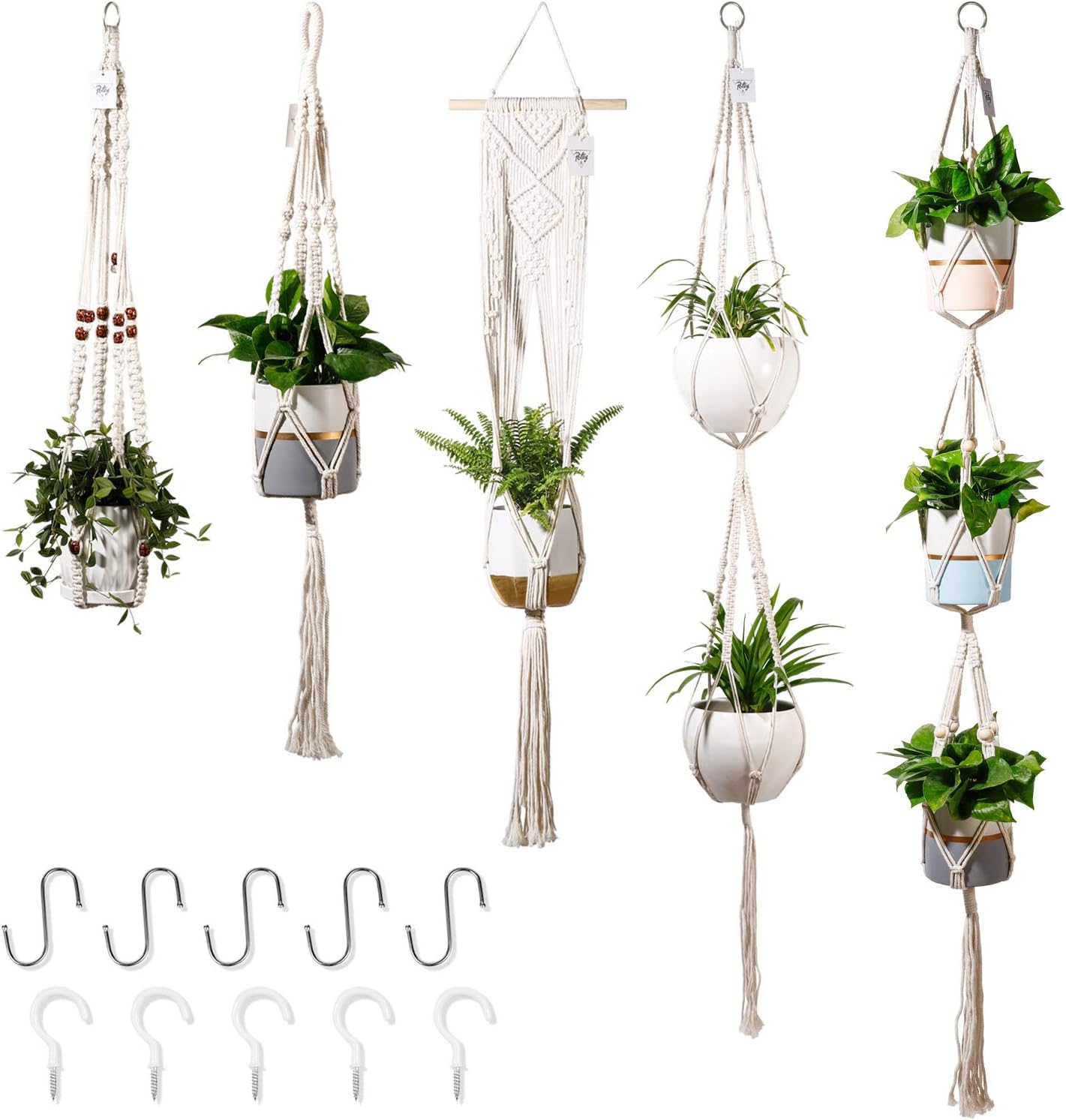 POTEY 650101 Macrame Plant Hanger - Indoor Hanging Plant Holder Handmade Cotton Rope Plant Hanger Outdoor Boho Home Decor Hanging Planters 5-Pack 35"/40"/49"/67"/71",Ivory