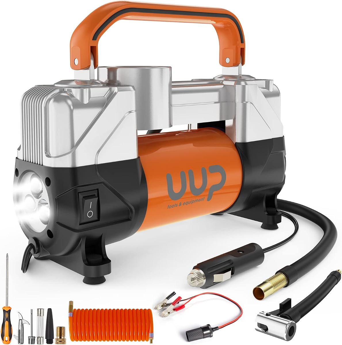 Portable 12V Air Compressor, 150 PSI Tire Inflator with Dual Cylinders | Heavy-Duty Air Pump with Emergency LED Light for Car, Truck, SUV, RV, Bicycle Tires, Balls, Air Mattress, Orange
