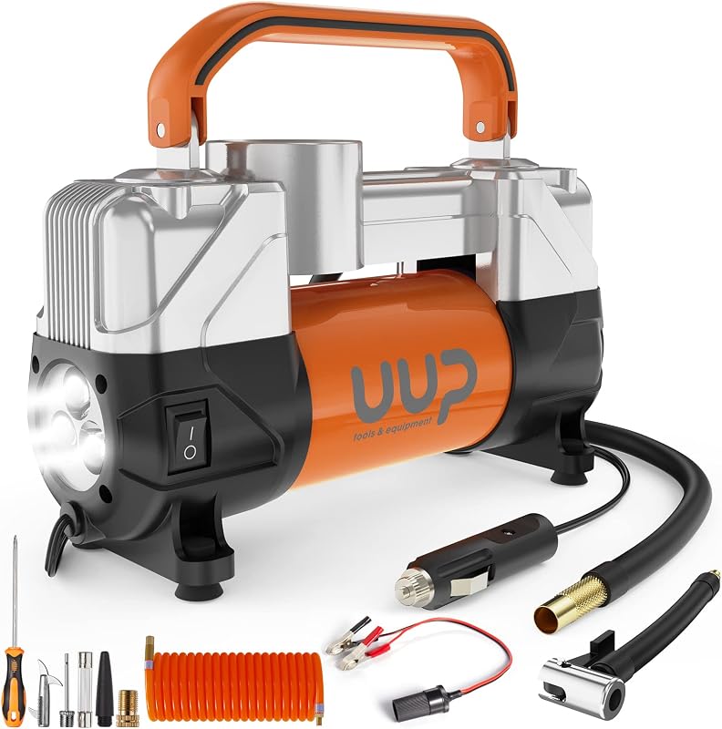 Portable 12V Air Compressor, 150 PSI Tire Inflator with Dual Cylinders | Heavy-Duty Air Pump with Emergency LED Light for Car, Truck, SUV, RV, Bicycle Tires, Balls, Air Mattress, Orange
