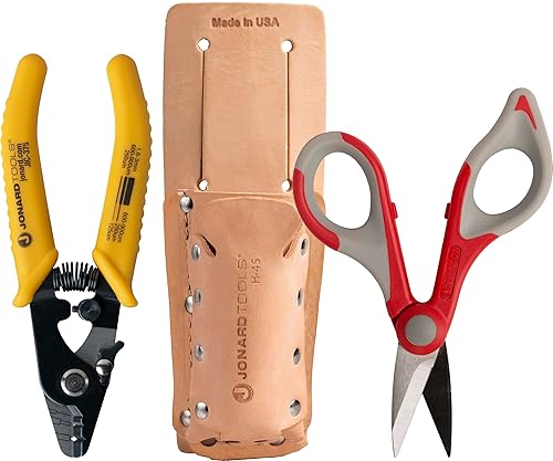 Jonard Tools TK-355 - Juego de tijeras de tijera y pelacables de fibra de 3 agujeros y bolsa de cuero