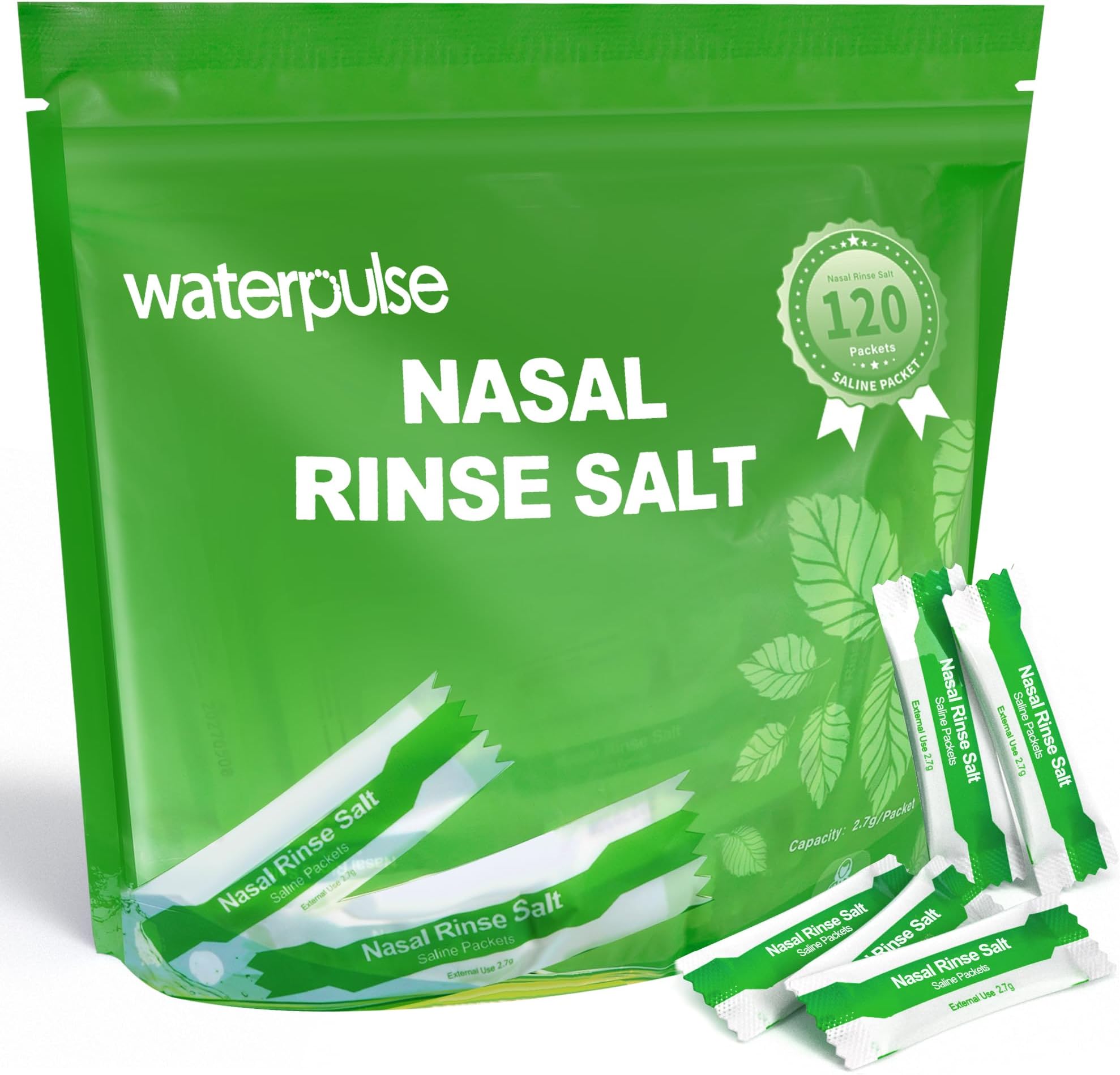 Waterpulse120 Saline Packets for Neti Pot & Sinus Rinse, Premixed Salt Solution Individually Wrapped, Compatible with Nasal Irrigation System and Squeeze Bottle, Natural Mint