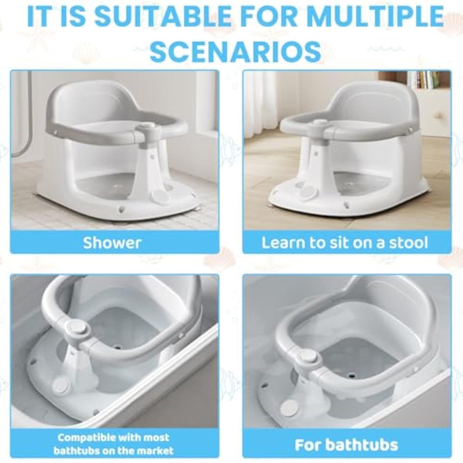 Silla compacta para bañera, portátil, 15.2 x 11.8 pulgadas, tamaño de mano con 4 ventosas, accesorio de resina duradera para el cuidado infantil, estilo moderno con soporte, regalo para nuevos padres