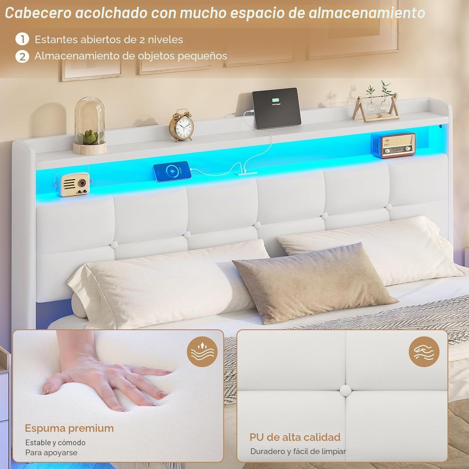 AOGLLATI Cama de matrimonio de 160 x 200 cm con efecto visual levitante, estructura de cama con LED y estación de carga, cama con cabecero acolchado y estructura de metal, sin colchón, color blanco
