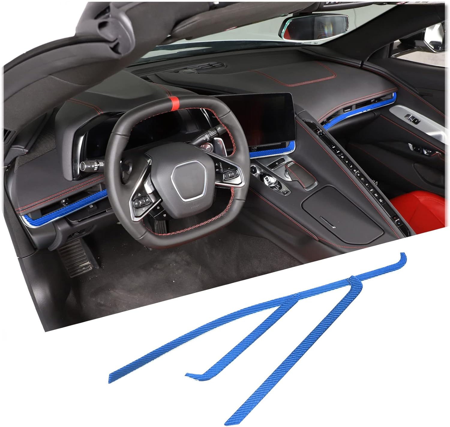 Daeiclru Real Carbon Fiber Car Dashboard Panel Trim Sticker Compatible with Chevrolet Corvette C8 Stingray 2020-2023, Co-Pilot Console Decoration Strips, Interior Center Console Kit (Blue)