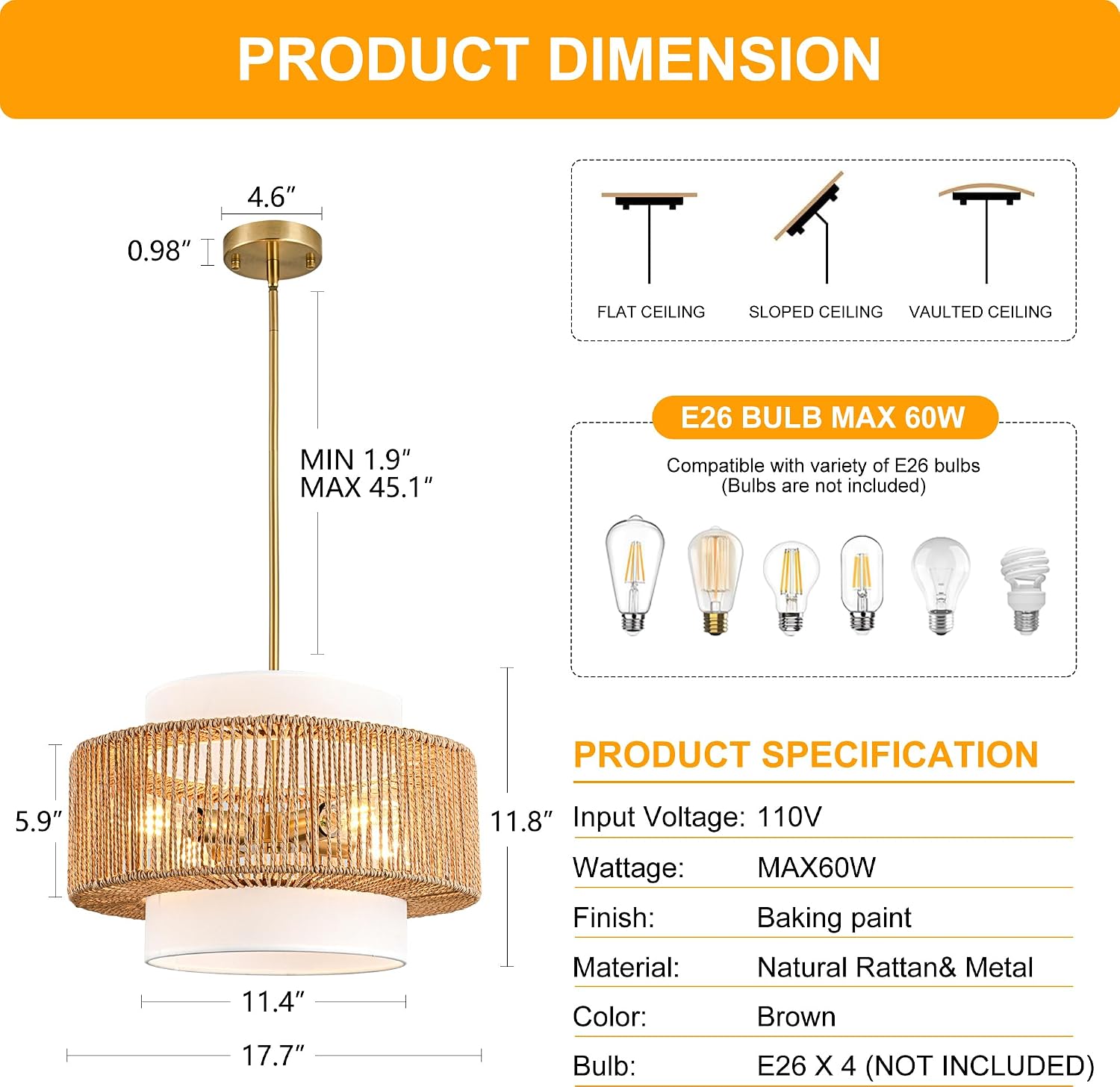 Boho Rattan Chandelier, 17.7" Boho Pendant Light with Fabric Lampshade, 4-Light Rattan Light Fixture Ceiling Hanging for Dining Room, Living Room, Bedroom, Kitchen Island, Hallway, Foyer
