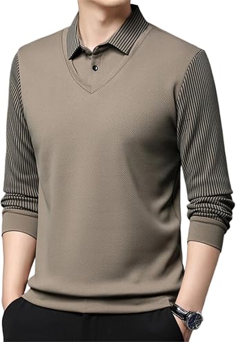 Mens Striped Lapel Fake 2-Piece Shirt, Mens Fashion Casual Long Sleeve Lapel Fake Two Piece Stripe Sleeve Shirt Top