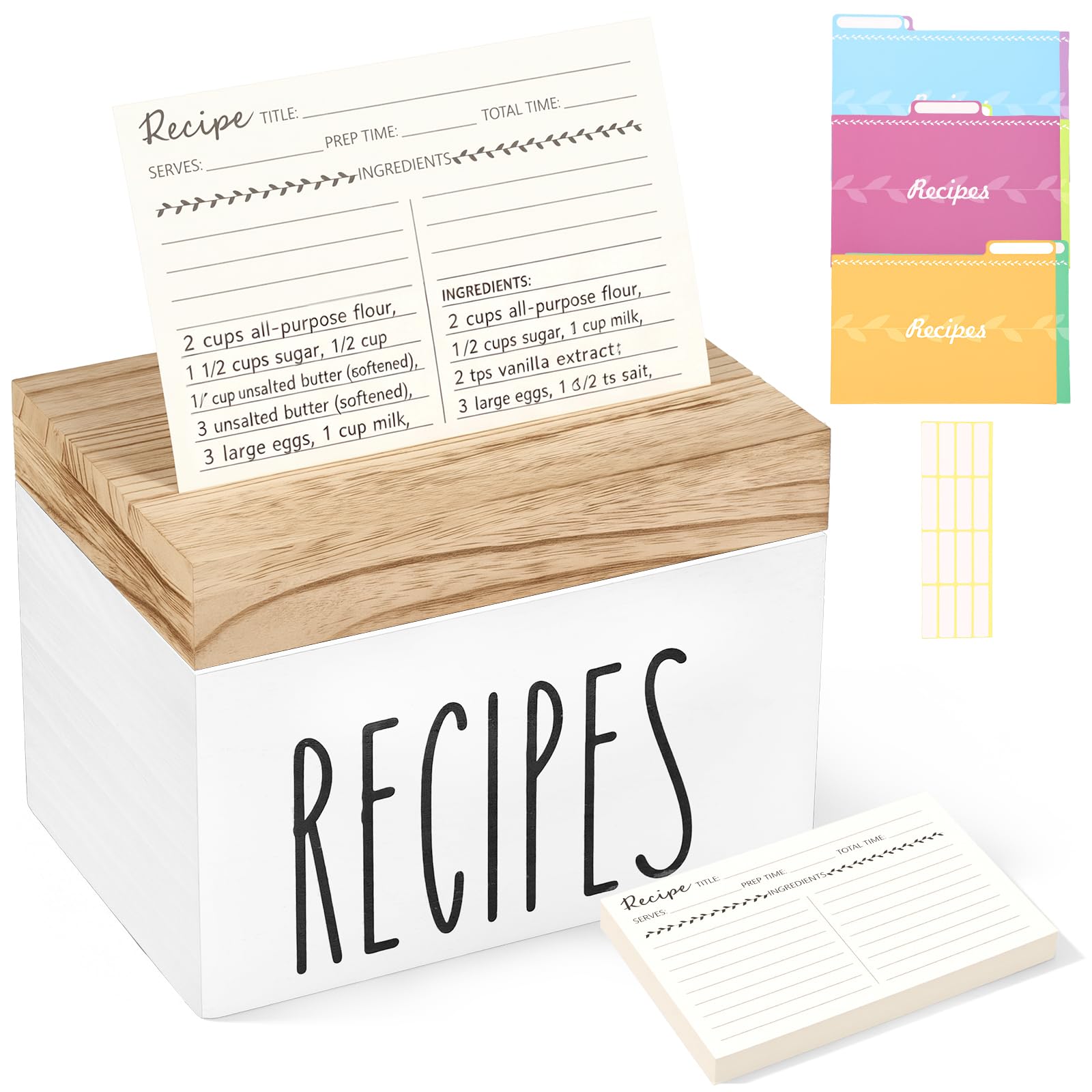 YUEKUNTJ 50Pcs Recipe Card and Box Set, Recipe Card Holder Organizer, Wood Countertop Index Cards Storage Box, 18x12x13cm with Lid and Slot for Kitchen Cabinet Shelf(white)