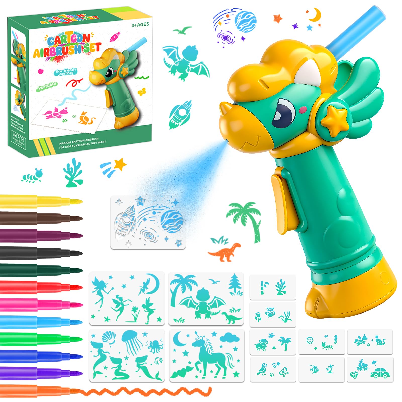 nicknack Marker Airbrush Spray Paint Kit for Kids-12 Washable Markers & 13 Stencil, Dinosaur Electric Spray Pen, Arts and Crafts Set, Creative Childrens Gift for Boys & Girls Drawing Ages 3+