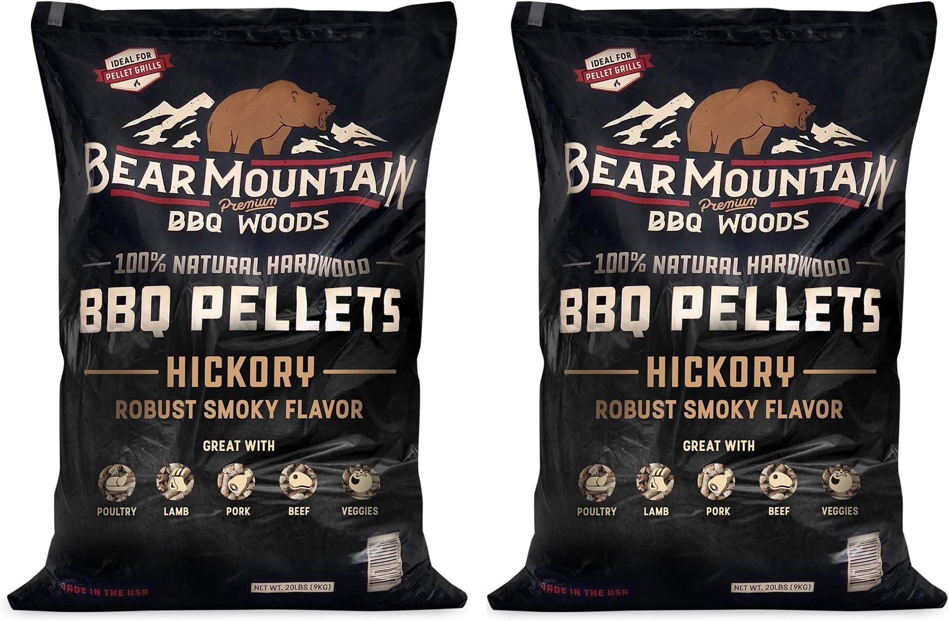 Bear Mountain FB14 Premium All Natural Low Moisture Hardwood Smoky Hickory BBQ Smoker Pellets for Outdoor Grilling, 40 Pound Bag (2 Pack)