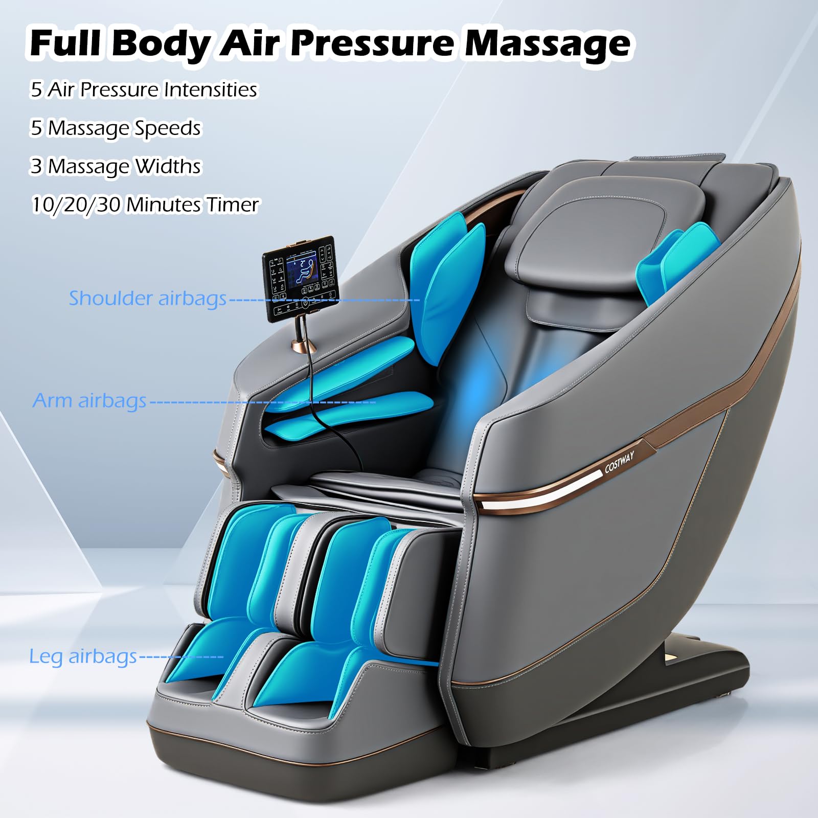 COSTWAY Full Body Zero Gravity Massage Chair, SL Track Massage Recliner w/Airbags, Back & Waist Heater, Foot Rollers, Voice Control, Auto Shoulder Scan, Installation-Free Design, Grey