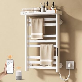 ENZE Smart Heated Towel Rack, 8-Bar Wall-Mounted Electric Towel Warmer with Shelf, Wi-Fi App Control, Adjustable Temperature & 24H Timer, Low Carbon Steel, IPX5, Plug-in/Hardwired, White
