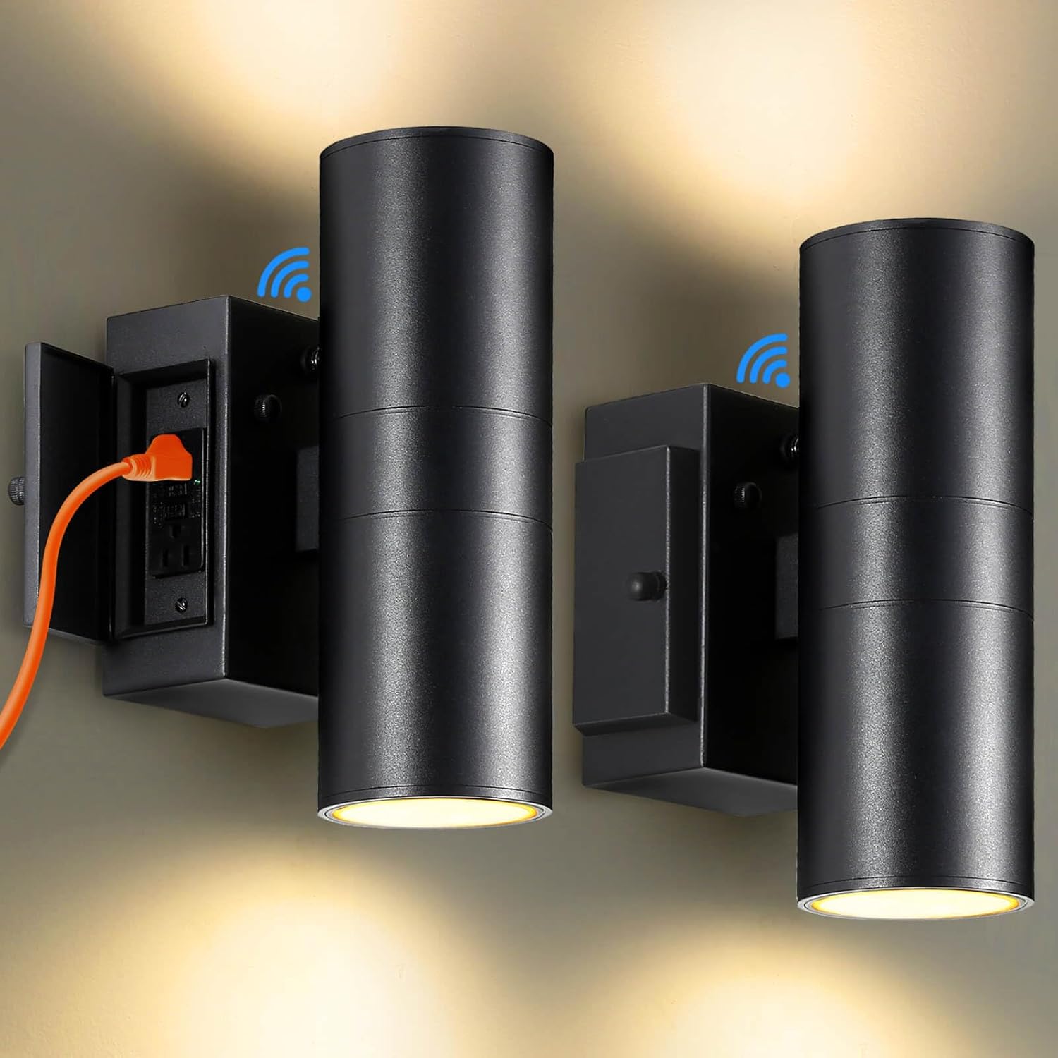 SHIMR Outdoor Wall Lights with GFCI Outlet, Dusk to Dawn Outdoor Lighting Up and Down Lights, Matte Black Exterior Lighting Fixtures Wall Mount, Up and Down Sconce for House Porch Garage Patio, 2 Pack