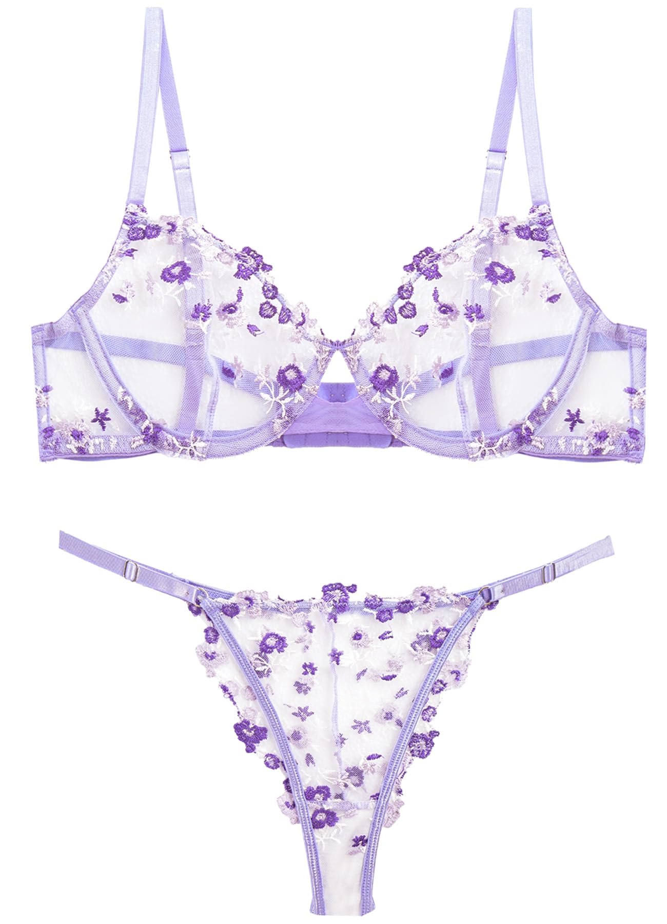 KEOYA Women's Sexy Floral Lace Lingerie Set Sheer Mesh Underwire Push Up Bra and Panty Sets 2 Piece See Through Lingerie - X-Large - A Purple