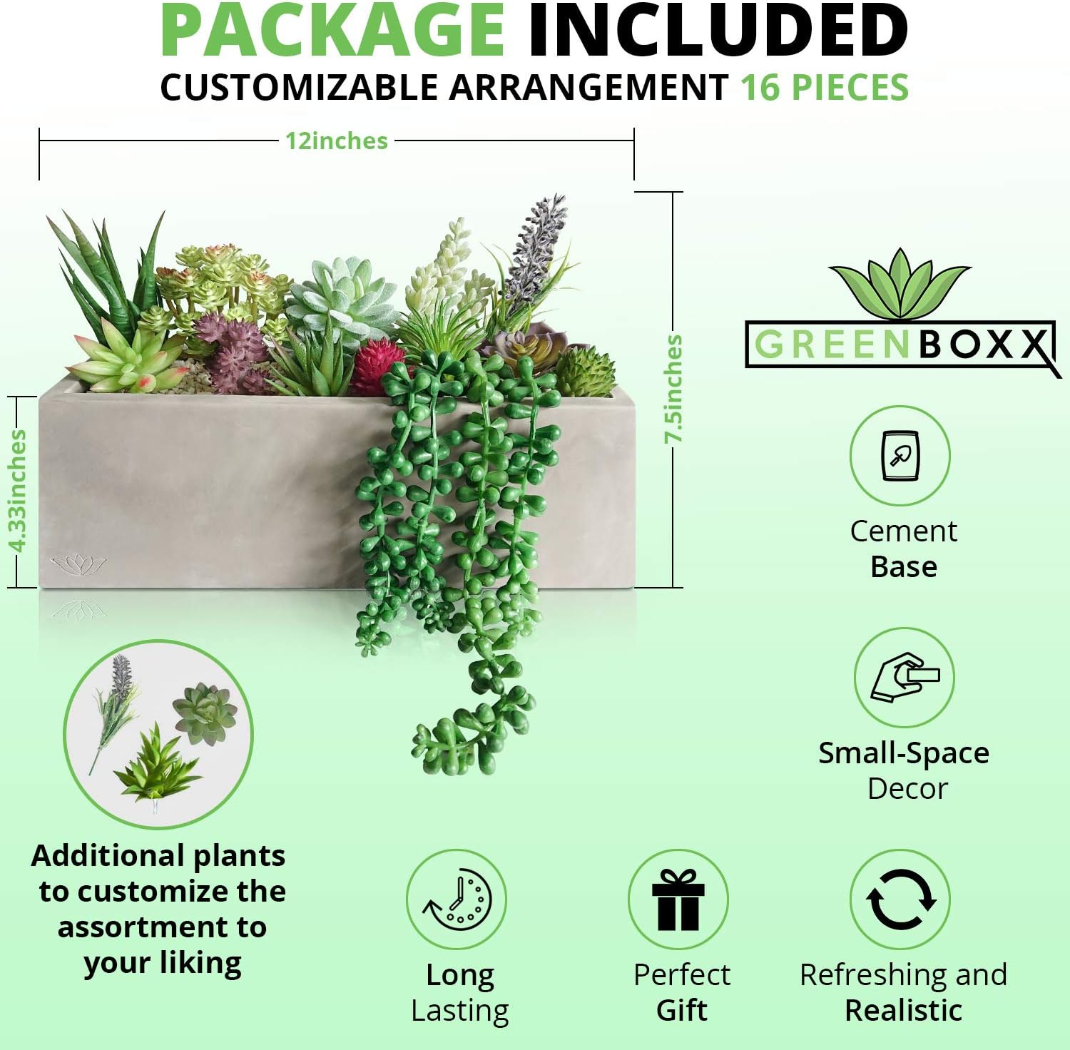 GreenBoxx Tropical Artificial Succulent Plants Potted - Faux Succulents Wall Decoration Cement Planter | Fake Plant for Weddings, Table Decor, Hanging, Window Sill and Home Decor, 16 Pcs