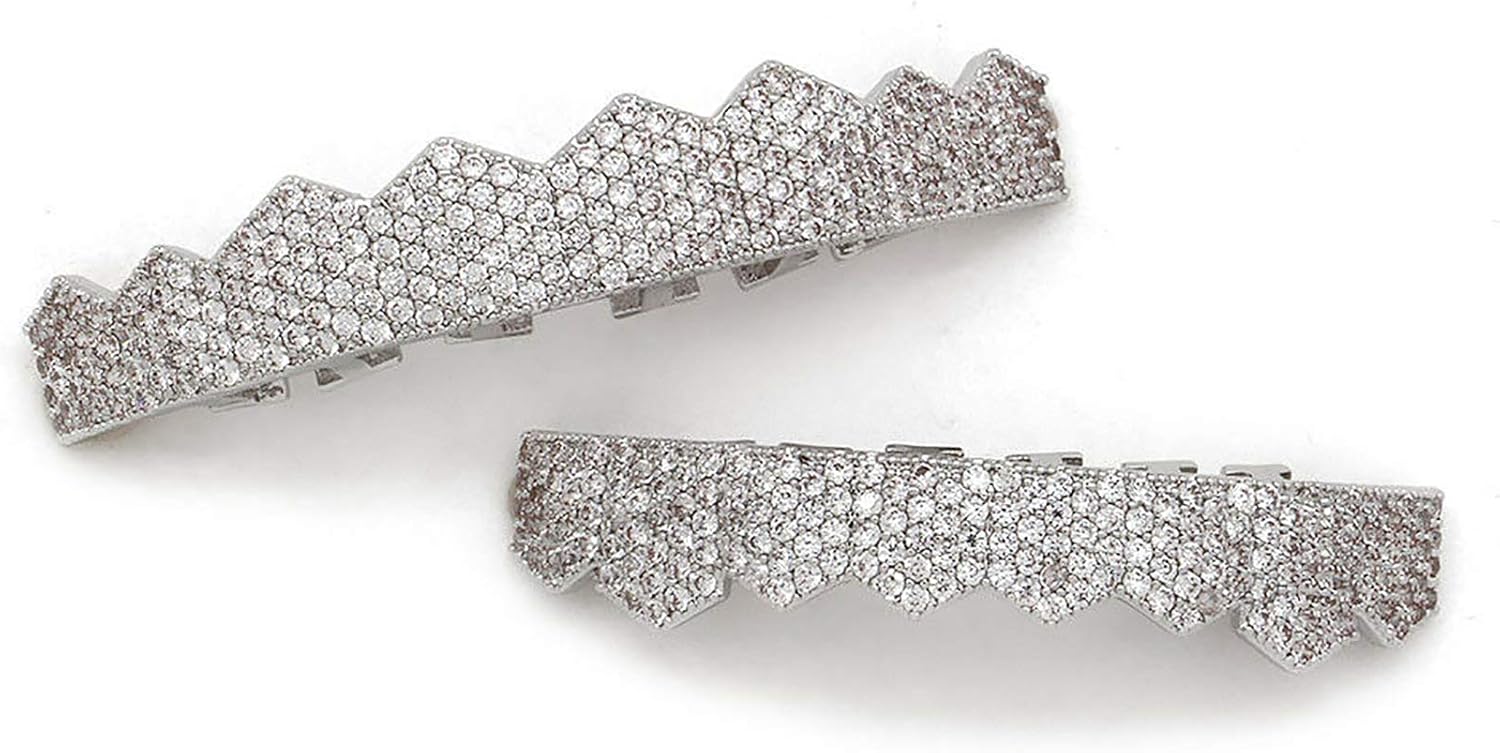 18K White Gold Silver Micro-Pave CZ Diamond Cluster Custom Slugs Top Bottom GRILLZ Mouth 8 Teeth Grills Set - Grillz, Teeth Cap, Iced Out Grillz