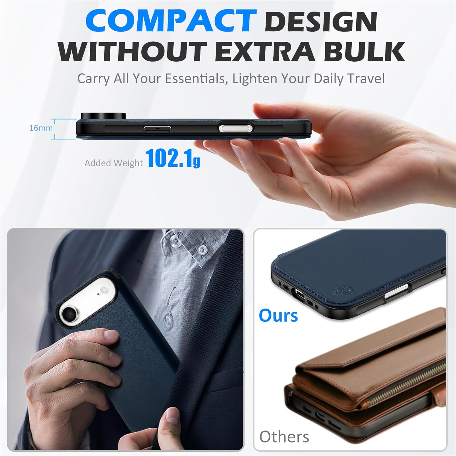 SHIELDON Slim Wallet Case for iPhone Air 6.5-inch 5G 2025 | Genuine Leather, Wireless Charging, Flip Magnetic Closure, RFID Blocking Credit Card Slot, Shock Absorbing Cover - Navy Blue - Image 4