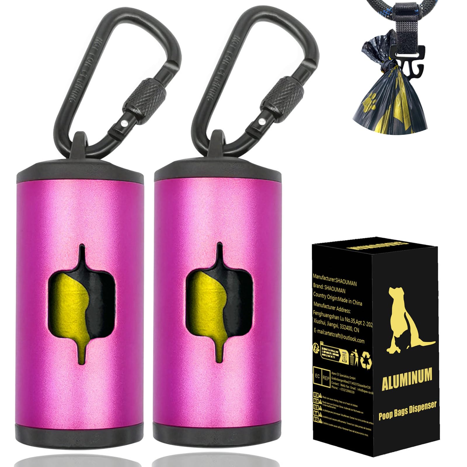 Dispensador Metálico de Bolsas de basura Para Perros, Dispensador de Bolsas de Basura Para Perros con Bolsa de basura Para Mascotas Para Bolsas Usadas. (Rosa,2 soporte 30 bolsas)